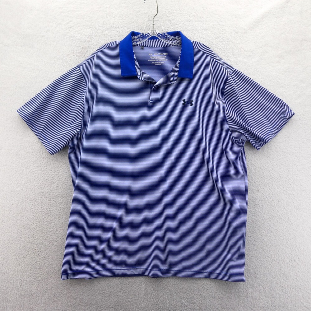 Under Armour Polo Mens XXL Performance Blue White Striped Short Sleeve Polyester